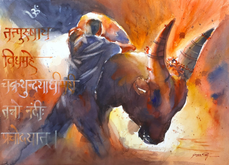 Bull Fight' animals watercolor painting by artist Soven Roy, 22x30 inch, on paper