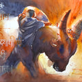 Bull Fight' animals watercolor painting by artist Soven Roy, 22x30 inch, on paper