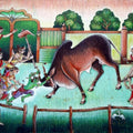Religious mixed media painting titled 'Bull Fight', 20x29 inches, by artist Anand Sonar on Handmade Paper