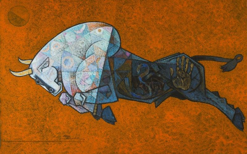 Animals acrylic painting titled 'Bull Insatiable Thurst', 30x48 inches, by artist Dinkar Jadhav on Canvas