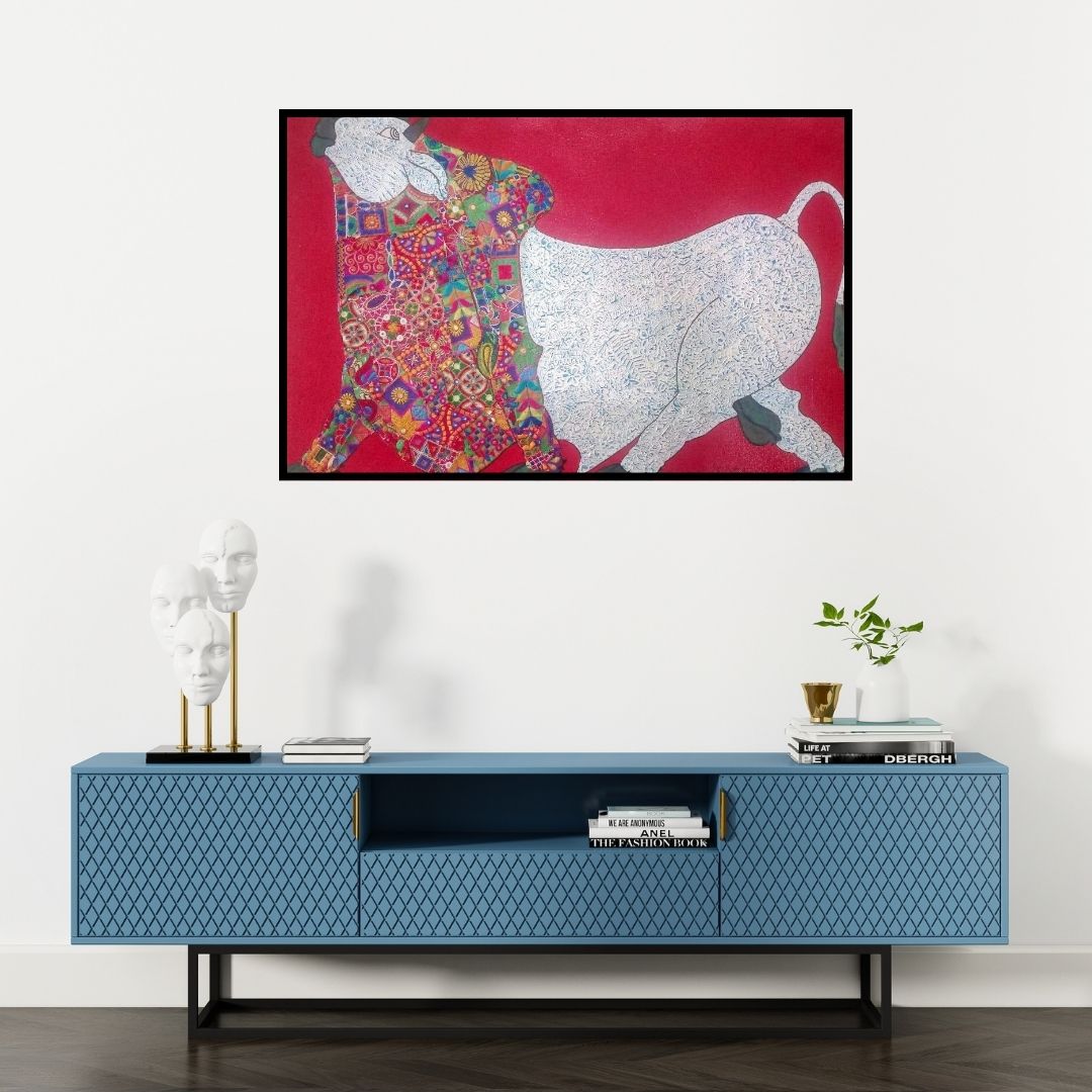Preview of 'Bull Kutch Work (Symbolic Strength)' Painting by Sreekanth Kurva shown on a wall in a furnished room.