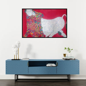 Preview of 'Bull Kutch Work (Symbolic Strength)' Painting by Sreekanth Kurva shown on a wall in a furnished room.