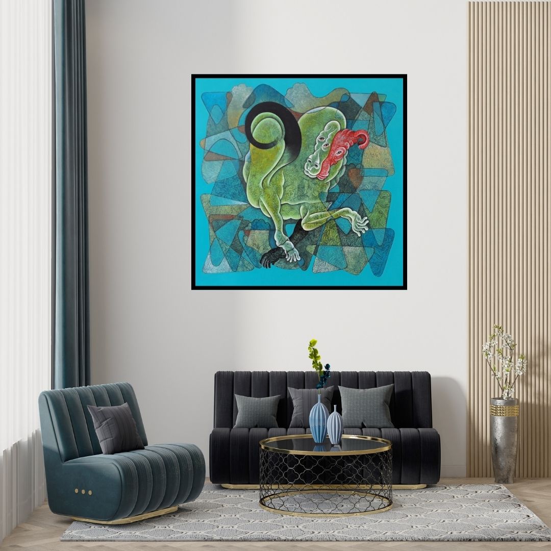 Preview of 'Bull Park 1 (The Chimera)' Painting by Dharmendra Kumar shown on a wall in a furnished room.