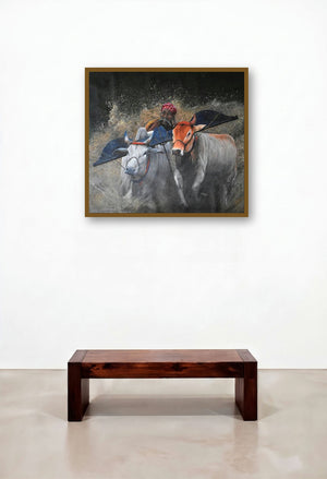 Bull Race (The Thrill of the Chase) by artist Lisha N T displayed in a Designer Bedroom