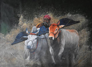 Bull Race (The Thrill of the Chase) by Lisha N T, Original Acrylic Realistic Painting on Canvas, Medium Horizontal Wall Art