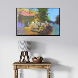 In-situ view of Jitendra Gaikwad's 'Bull In Village' painting in a room