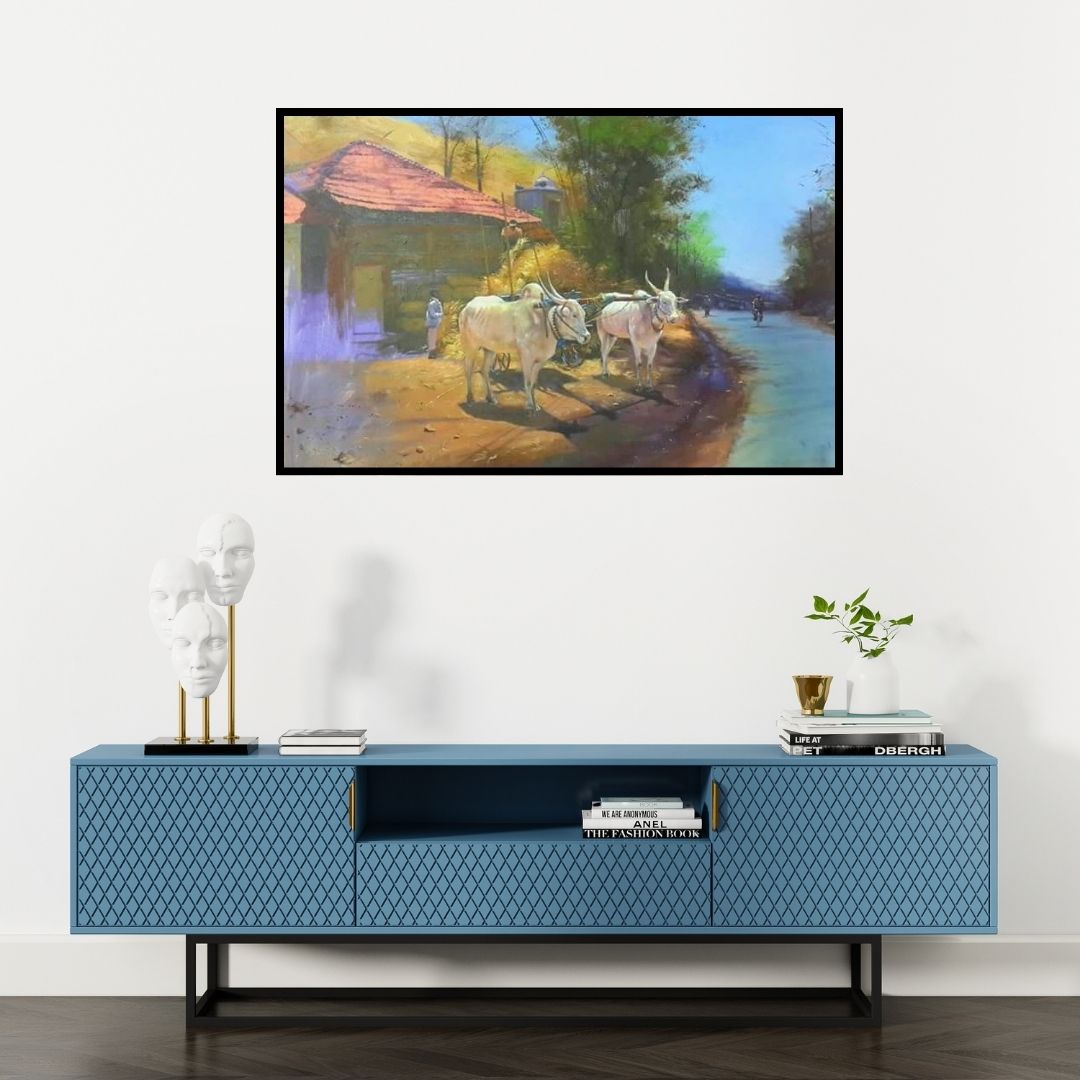 Preview of 'Bull In Village' Painting by Jitendra Gaikwad shown on a wall in a furnished room.