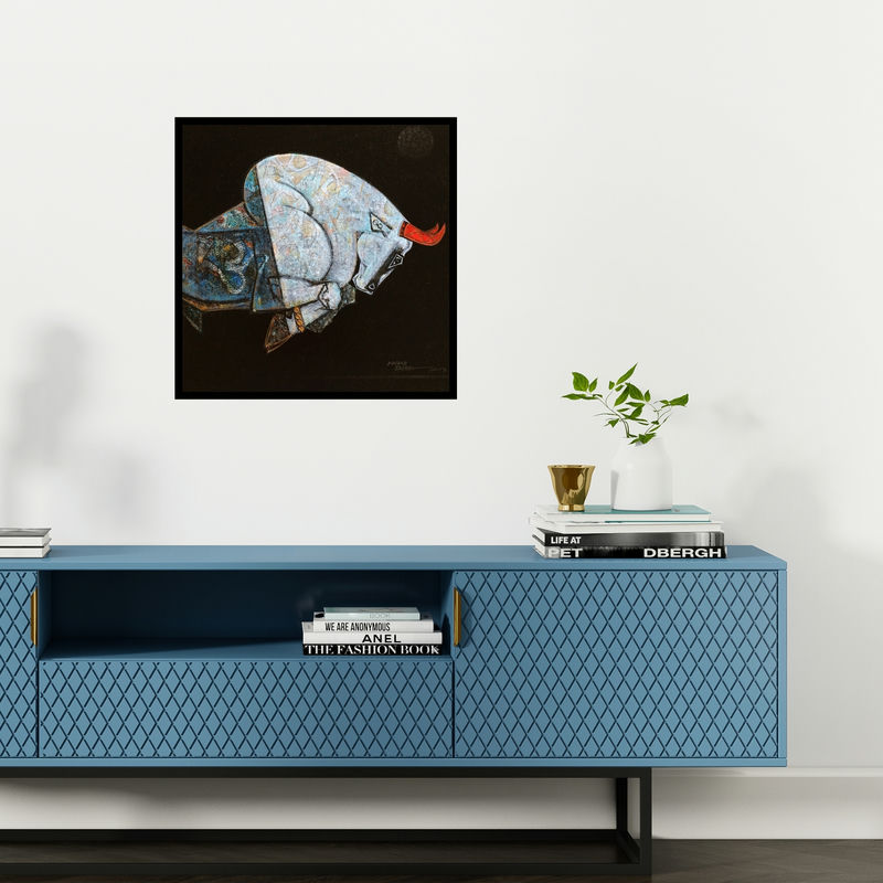 Preview of 'Bull Virile' Painting by Dinkar Jadhav shown on a wall in a furnished room.