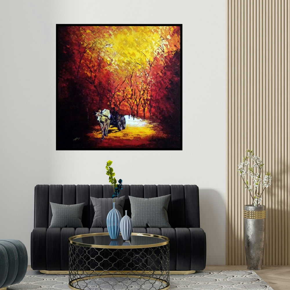 Ganesh Panda's 'Bullock Cart' painting visualized above a sofa in a contemporary room.