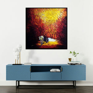 'Bullock Cart' painting by Ganesh Panda shown on a wall in a furnished room.