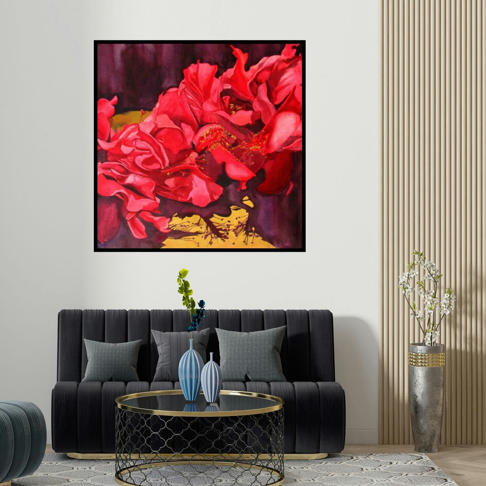 Balaji G Bhange's 'Bunch Of Flowers' painting visualized above a sofa in a contemporary room.