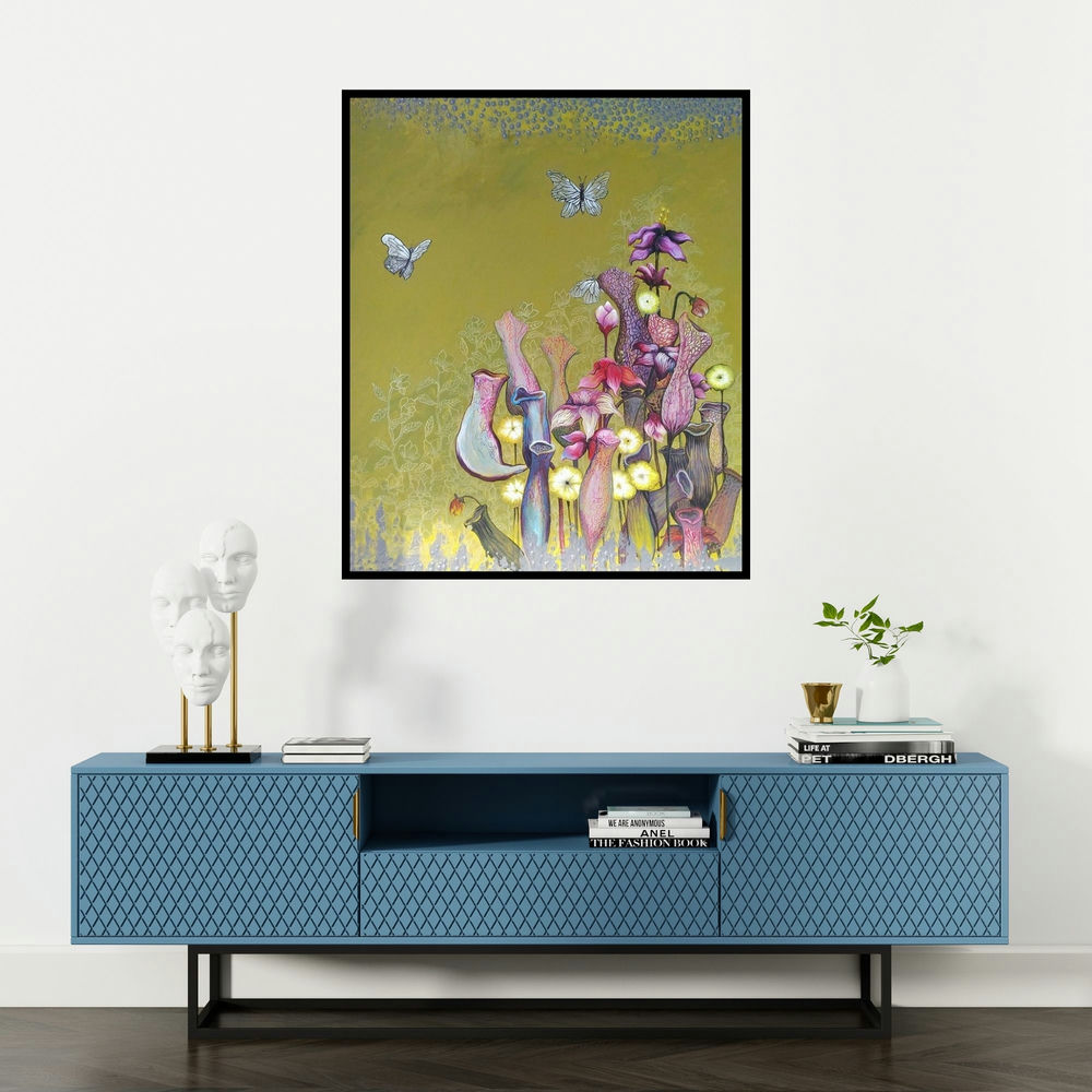 Shyamali Paul's 'Bunches Of Flower (The Carnivorous Garden)' painting visualized above a sofa in a contemporary room.