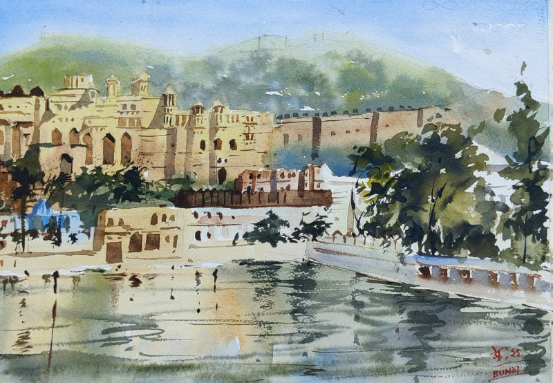 Bundi Fort' cityscape watercolor painting by artist Sujit Chakraborty, 12x17 inch, on paper