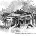 Scenic pen drawing titled 'Bungalow', 11x14 inches, by artist Sankara Babu on Paper