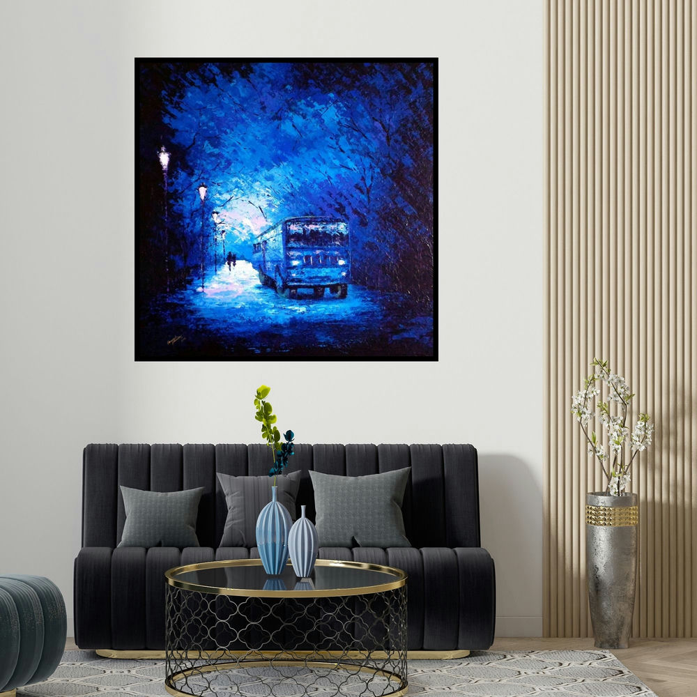Ganesh Panda's 'The Bus Ride' painting visualized above a sofa in a contemporary room.