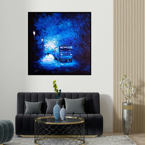 Ganesh Panda's 'The Bus Ride' painting visualized above a sofa in a contemporary room.