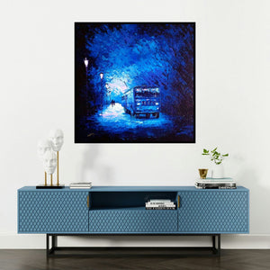 'The Bus Ride' painting by Ganesh Panda shown on a wall in a furnished room.