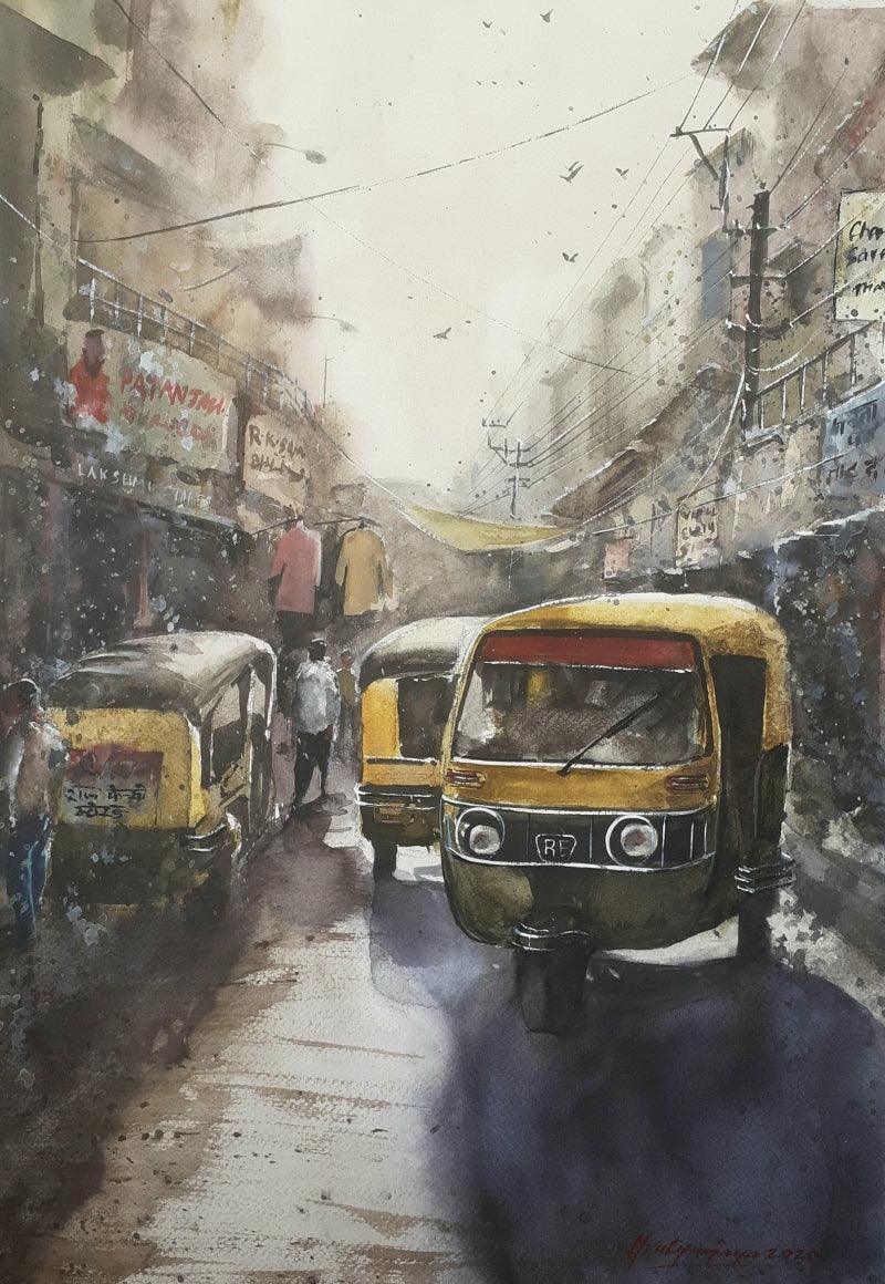 Cityscape watercolor painting titled 'Busy Market Place', 20x14 inches, by artist Mrutyunjaya Dash on paper