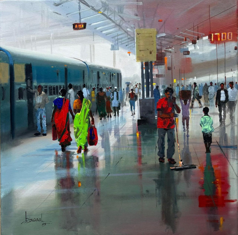 Busy Platform' cityscape acrylic painting by artist Bijay Biswaal, 24x24 inch, on canvas