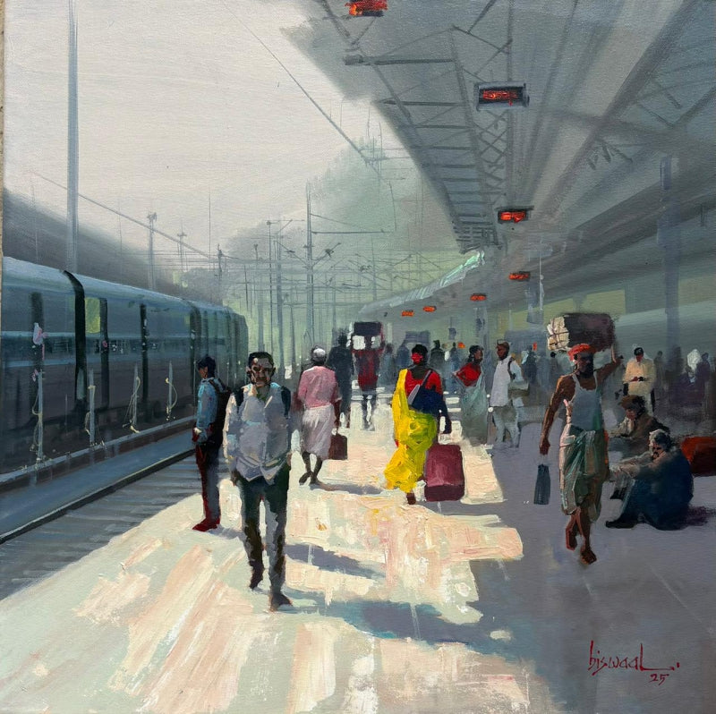 Busy Platform 2' cityscape acrylic painting by artist Bijay Biswaal, 24x24 inch, on canvas