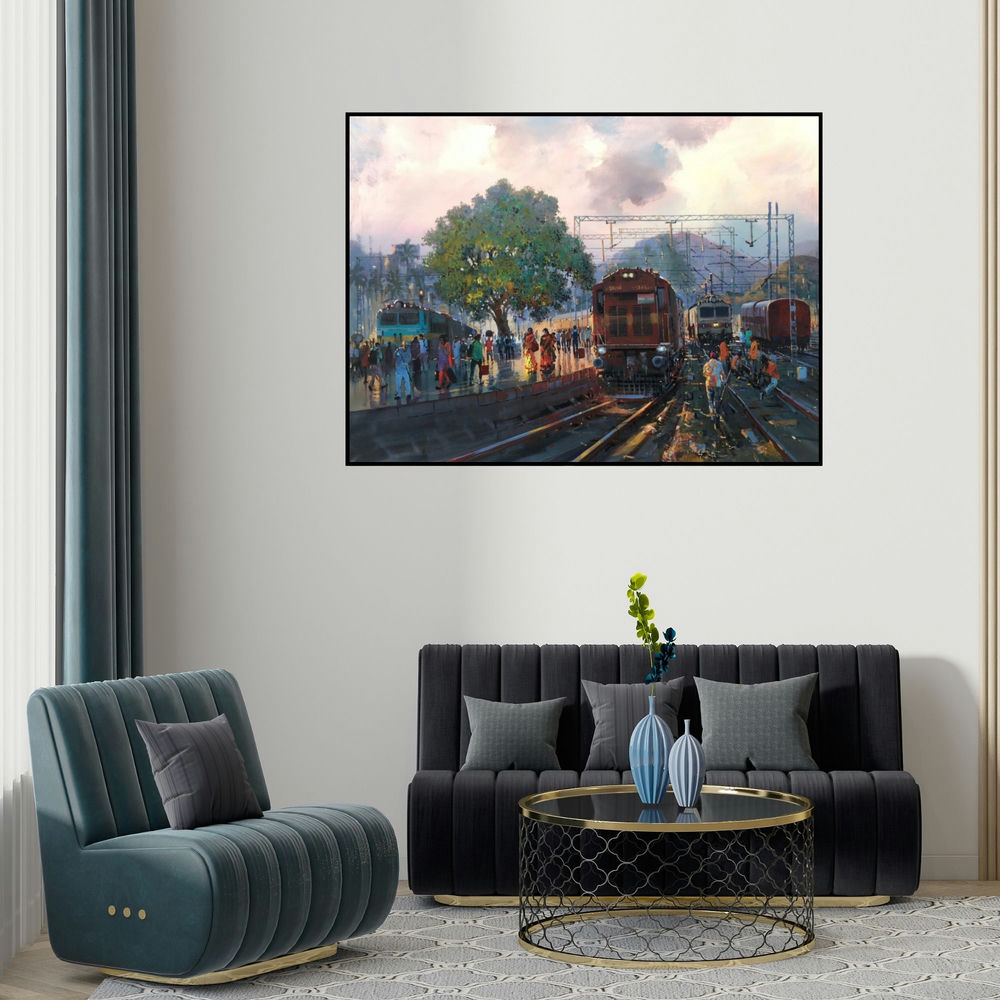 Bijay Biswaal's 'Busy Platform (A Moment at the Station)' painting visualized above a sofa in a contemporary room.