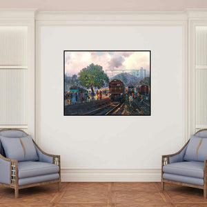'Busy Platform (A Moment at the Station)' painting by Bijay Biswaal shown on a wall in a furnished room.