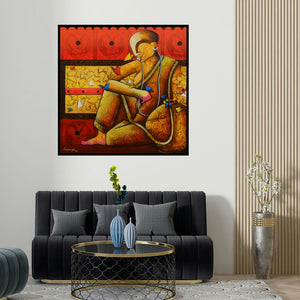 Anupam Pal's 'The Butterflies Whisper' painting visualized above a sofa in a contemporary room.