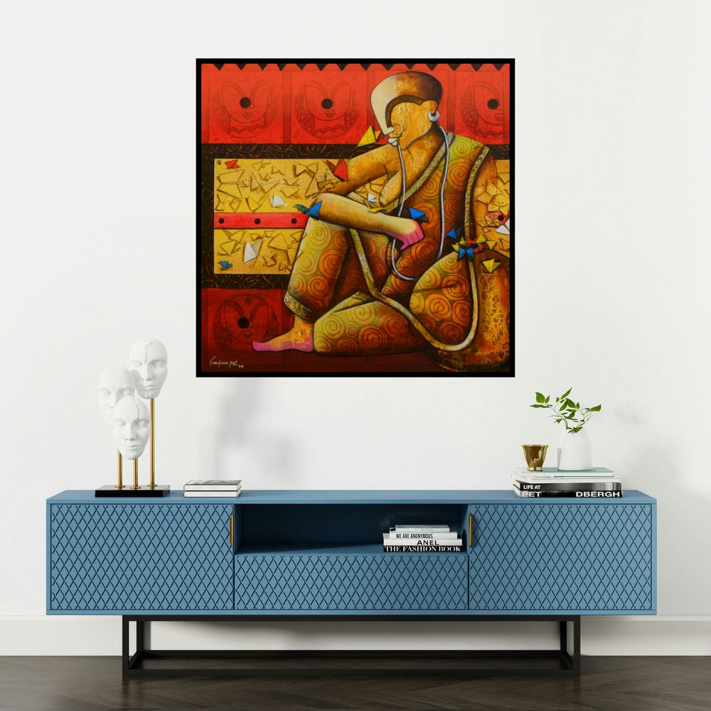 'The Butterflies Whisper' painting by Anupam Pal shown on a wall in a furnished room.