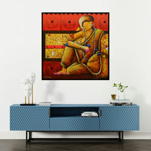 'The Butterflies Whisper' painting by Anupam Pal shown on a wall in a furnished room.