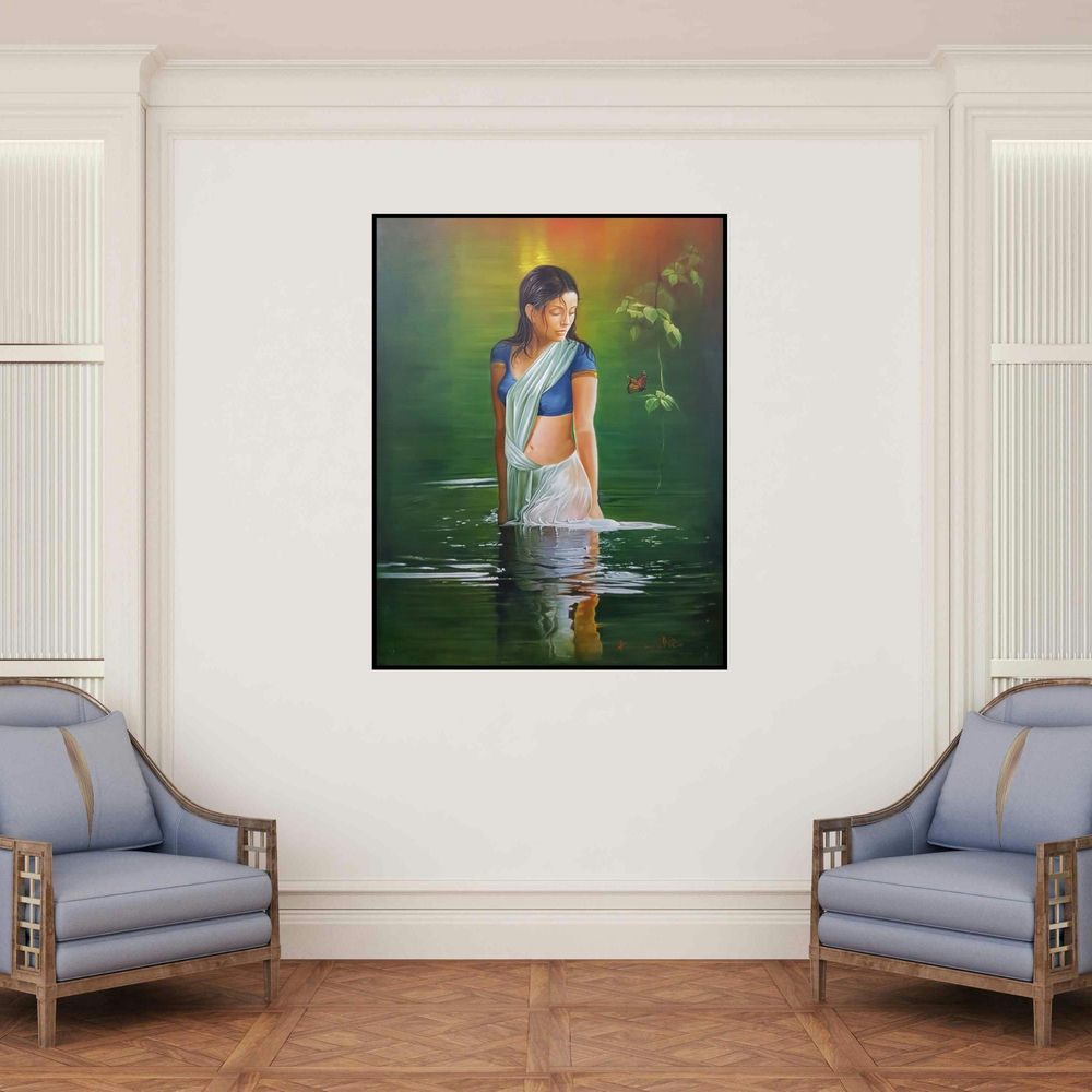 'Butterfly' painting by Kamal Rao shown on a wall in a furnished room.