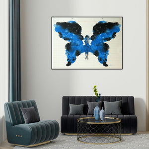 Manoj Sakale's 'Butterfly (Emergence)' painting visualized above a sofa in a contemporary room.