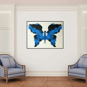 'Butterfly (Emergence)' painting by Manoj Sakale shown on a wall in a furnished room.