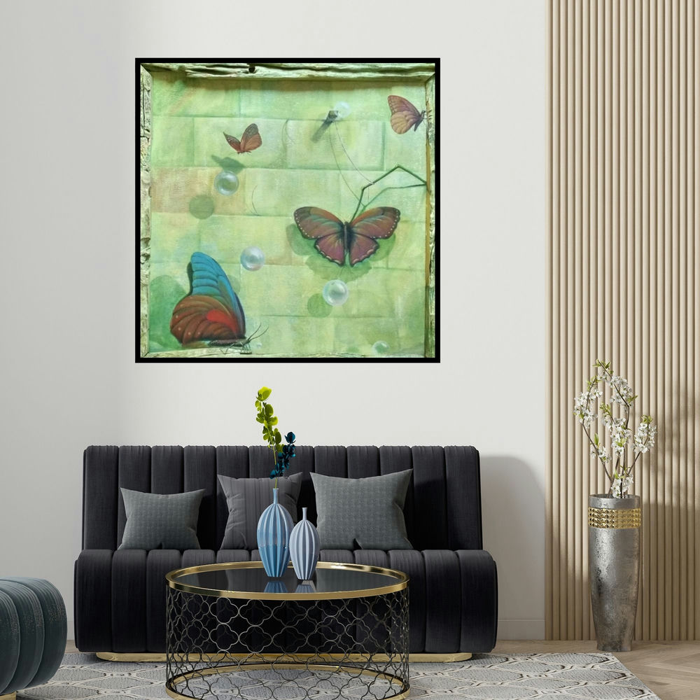 Gopal Pardeshi's 'Butterfly (Butterflies and Bubbles)' painting visualized above a sofa in a contemporary room.