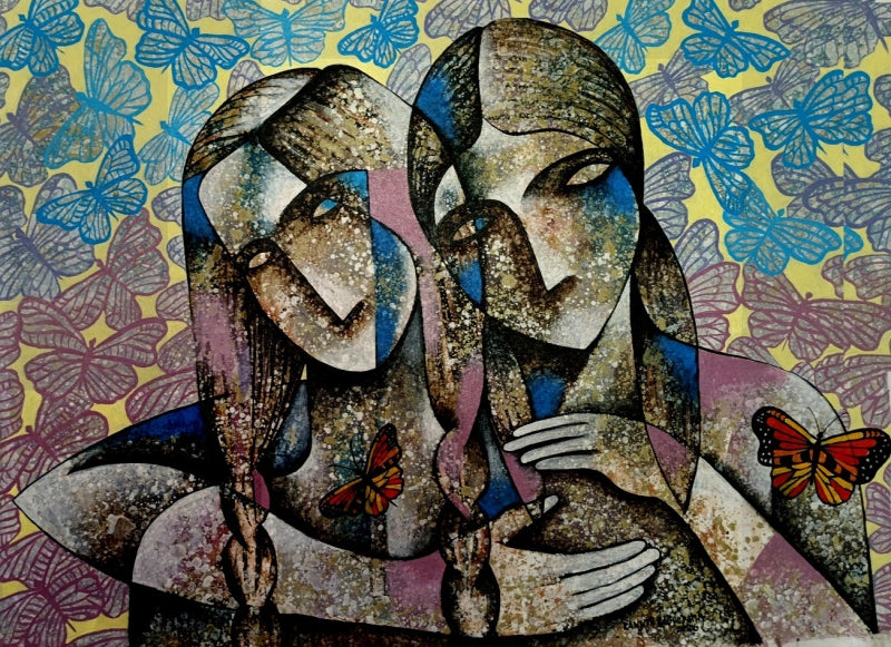 The Butterfly Effect' figurative acrylic painting by artist Ranjith Raghupathy, 30x49 inch, on canvas