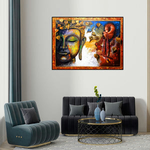 Arjun Das's 'Buudha 5 (Buddha and Prayer Beads)' painting visualized above a sofa in a contemporary room.