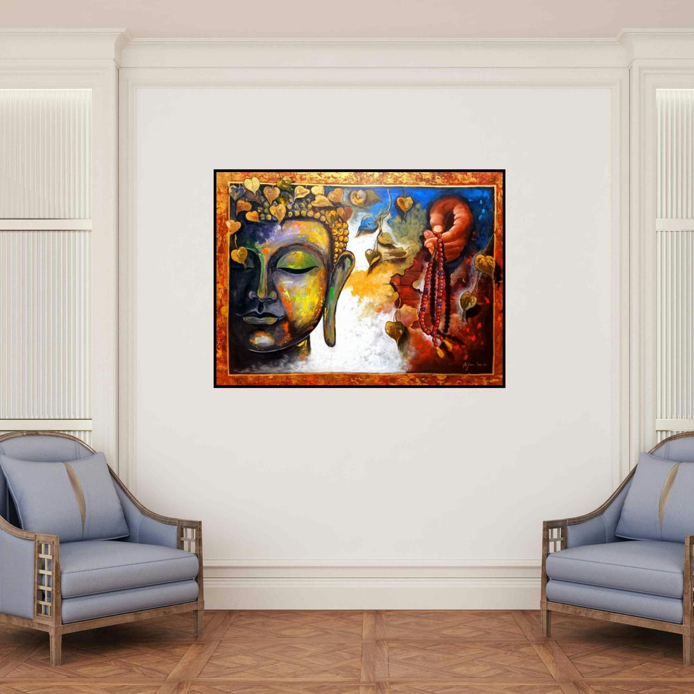 'Buudha 5 (Buddha and Prayer Beads)' painting by Arjun Das shown on a wall in a furnished room.