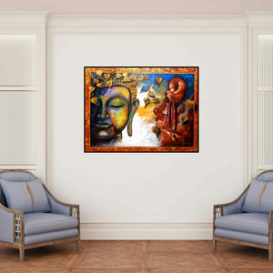 'Buudha 5 (Buddha and Prayer Beads)' painting by Arjun Das shown on a wall in a furnished room.