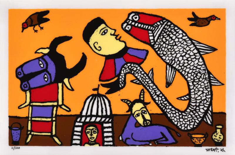 Figurative reverse serigraph painting titled 'By The Temple', 16x24 inches, by artist Madhvi Parekh on Acrylic