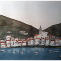 Cityscape watercolor painting titled 'Cadaques Spain 2', 7x11 inches, by artist Arunava Ray on Paper