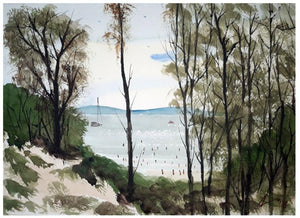 Cala Violina Tuscanny (Coastal View) by Arunava Ray, Original Watercolor Cityscape Painting on Paper, X-Small Horizontal Wall Art