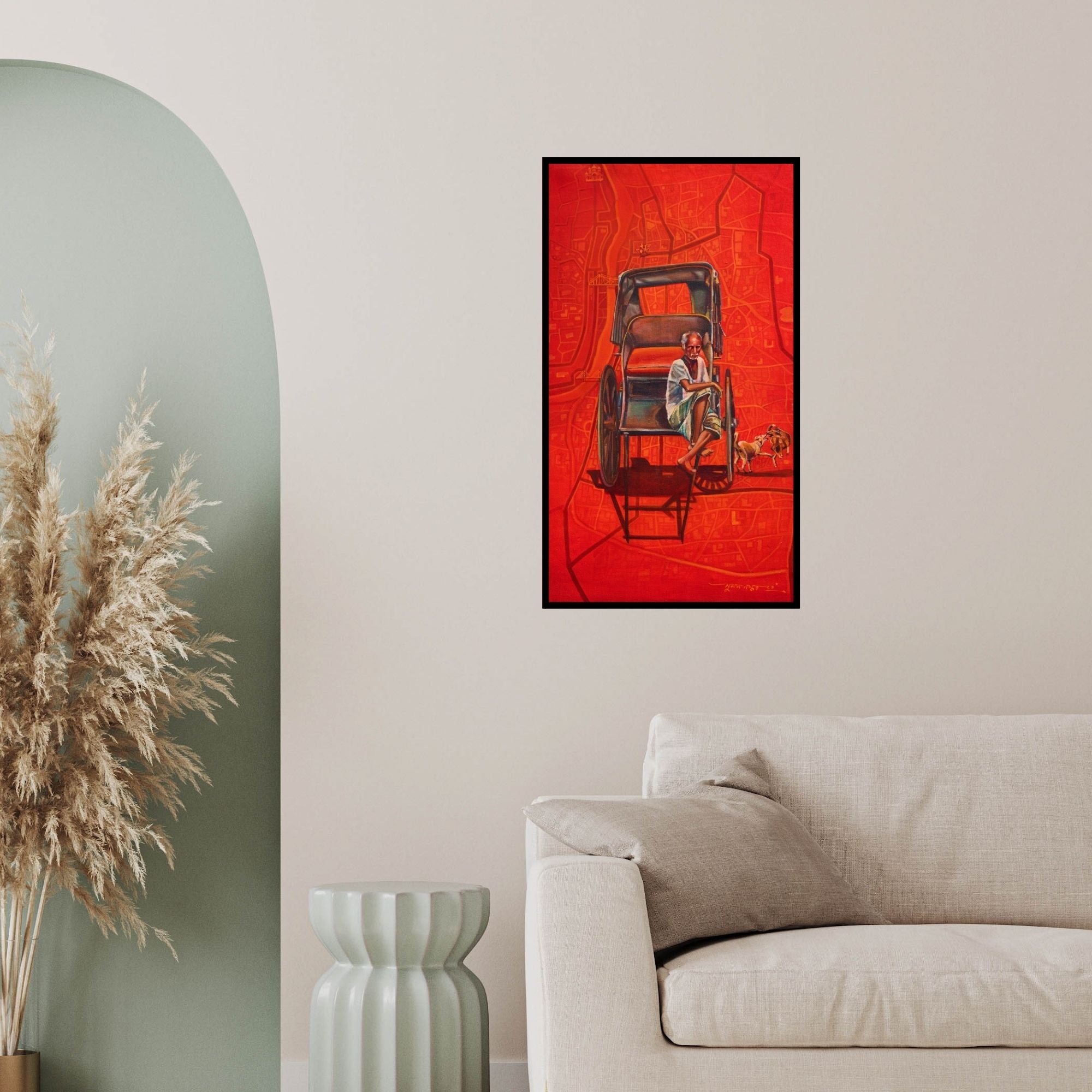 In-situ view of Sumon Naskar's 'Calcutta Carrier (The City's Backbone)' painting in a room