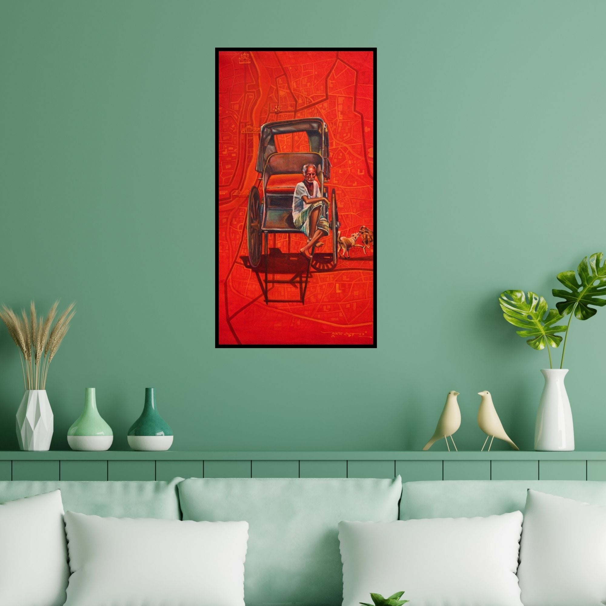 Preview of 'Calcutta Carrier (The City's Backbone)' Painting by Sumon Naskar shown on a wall in a furnished room.
