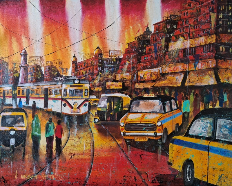 Calcutta The City Of Joy 2' animals acrylic painting by artist Anirban Seth, 24x30 inch, on canvas