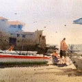 Landscape watercolor painting titled 'Calella beach Spain', 22x15 inches, by artist Vikrant Shitole on Paper