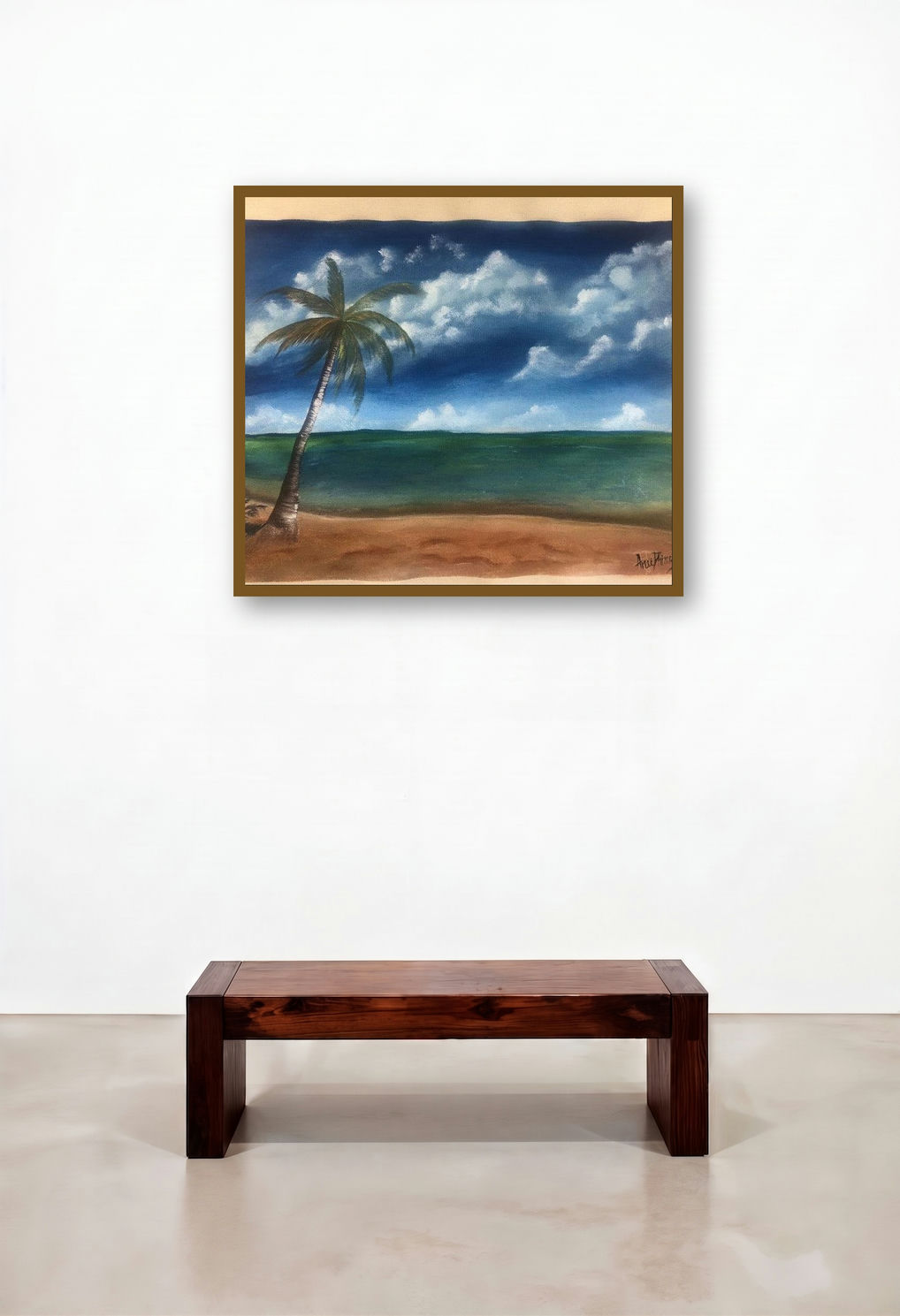 Calm Beach (Island Escape) by artist Anu Dhimaan displayed in a Rustic Hotel Suite