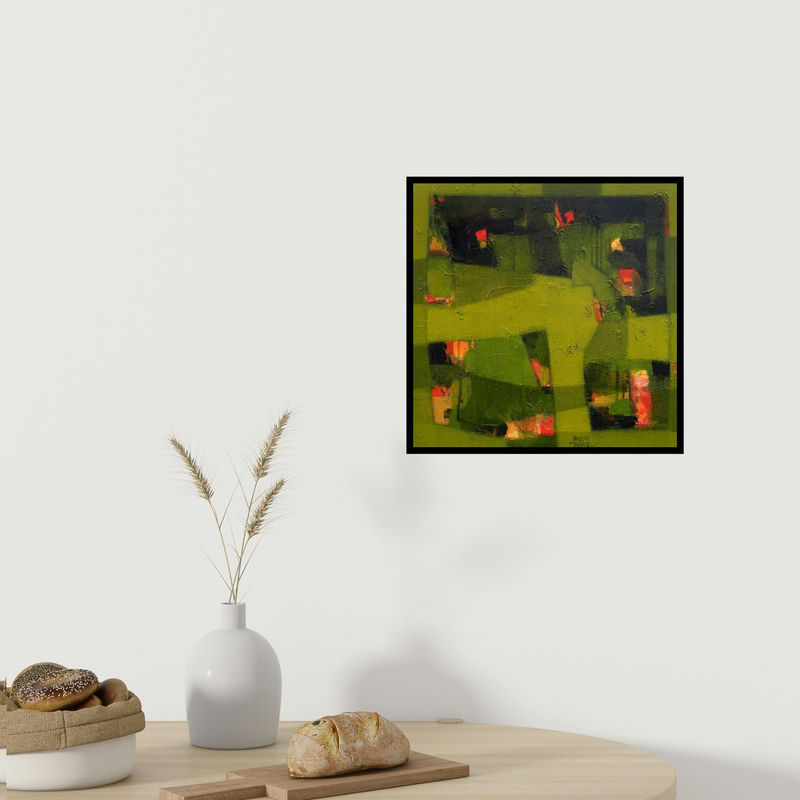 In-situ view of Jayesh Borse's 'Calm Mind (Green Abstract Composition)' painting in a room