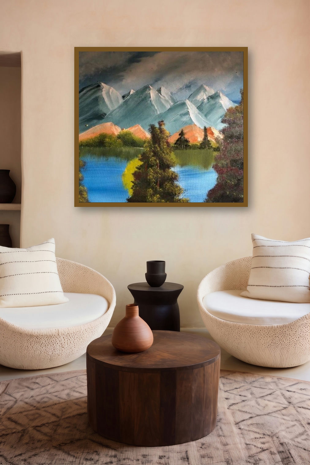 Calm Mountains (Mountain Reflection) by artist Anu Dhimaan displayed in a Boutique gallery