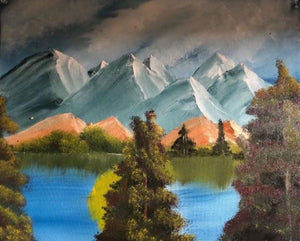 Calm Mountains (Mountain Reflection) by Anu Dhimaan, Original Oil Landscape Painting on Canvas, Small Horizontal Wall Art