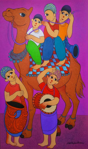 Figurative acrylic painting titled 'CAMEL SFARI', 60x36 inches, by artist Dnyaneshwar Bembade on CANVAS