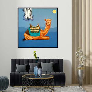 Shankar Lohar's 'The Camel' painting visualized above a sofa in a contemporary room.